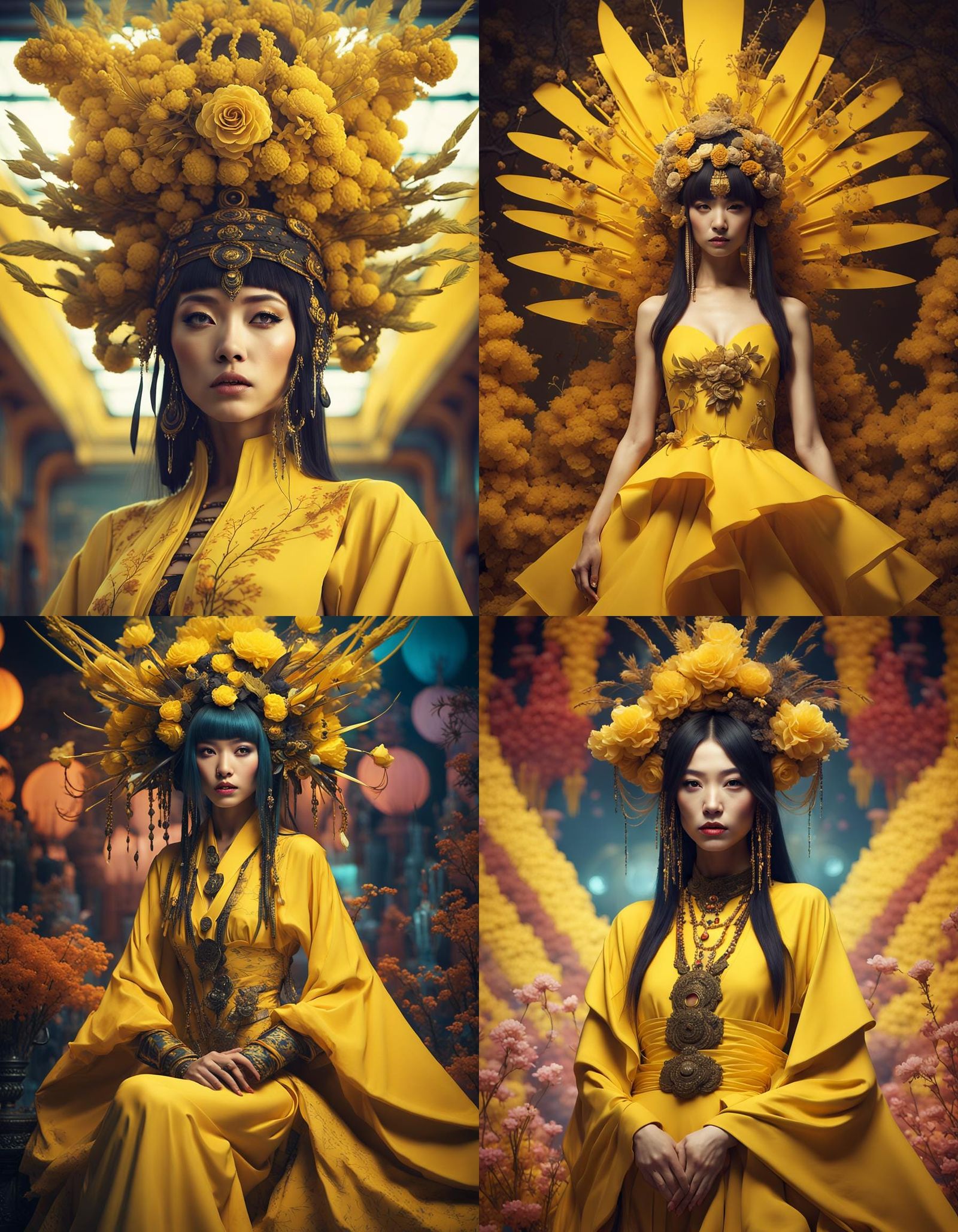 A beautiful Japanese female pop artist in a yellow bohemian ...