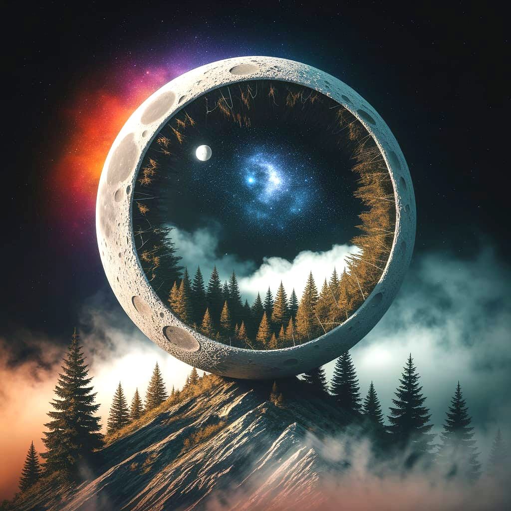 Surreal Cosmic Forest Under a Luminous Moon