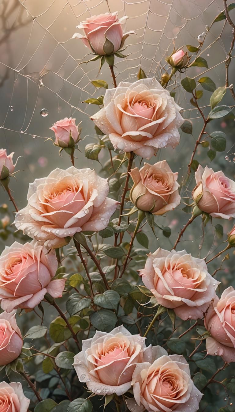 Spiderweb and Dusty Pink Roses in Watercolor Style