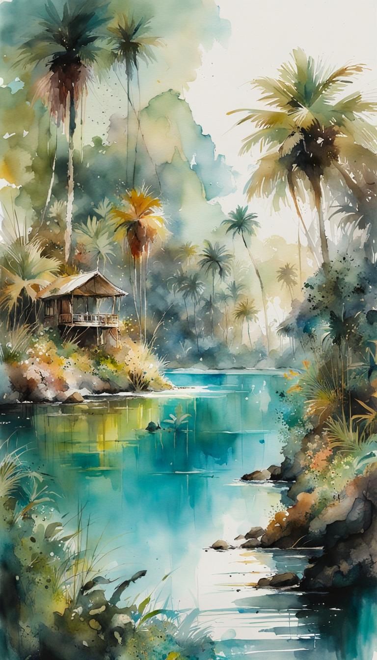 Watercolor Island Oasis: A Tropical Masterpiece