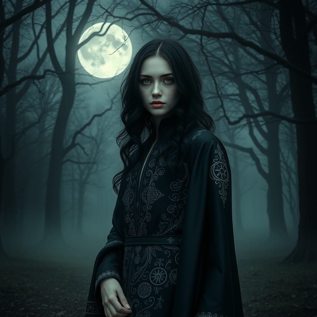 Mystical Woman in Moonlit Forest, Gothic Dark Academia