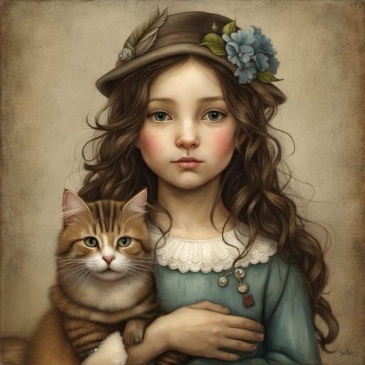 Girl with Cat Portrait in Whimsical Style