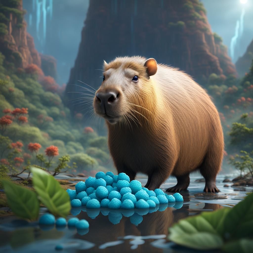 Capybara with Blue Raspberry Straws: Detailed Matte Painting