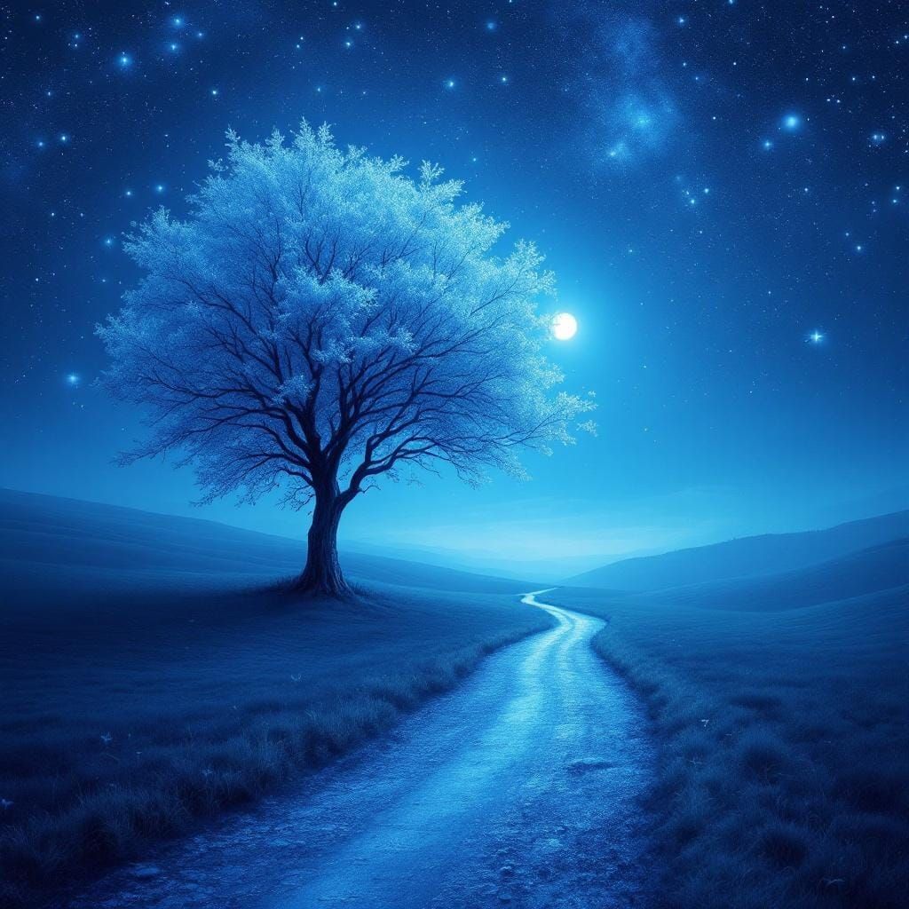 Dreamlike Blue Landscape with Feather and Winding Path