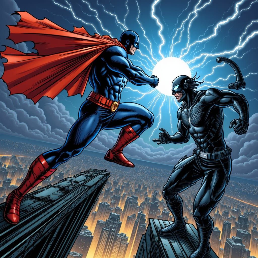 Superheroes Battle on Skyscraper in Comic Book Style