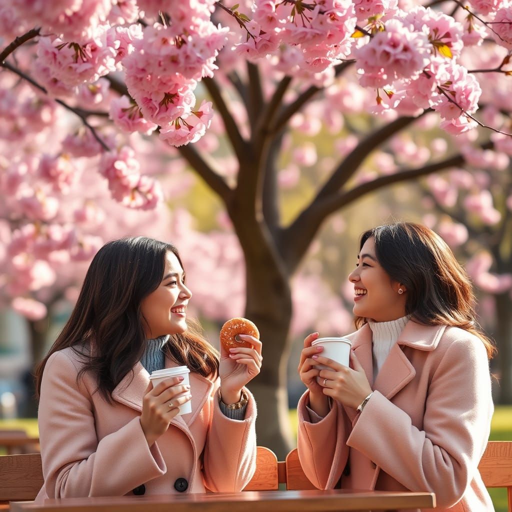 Women Sharing Laughter Under Vibrant Cherry Blossoms