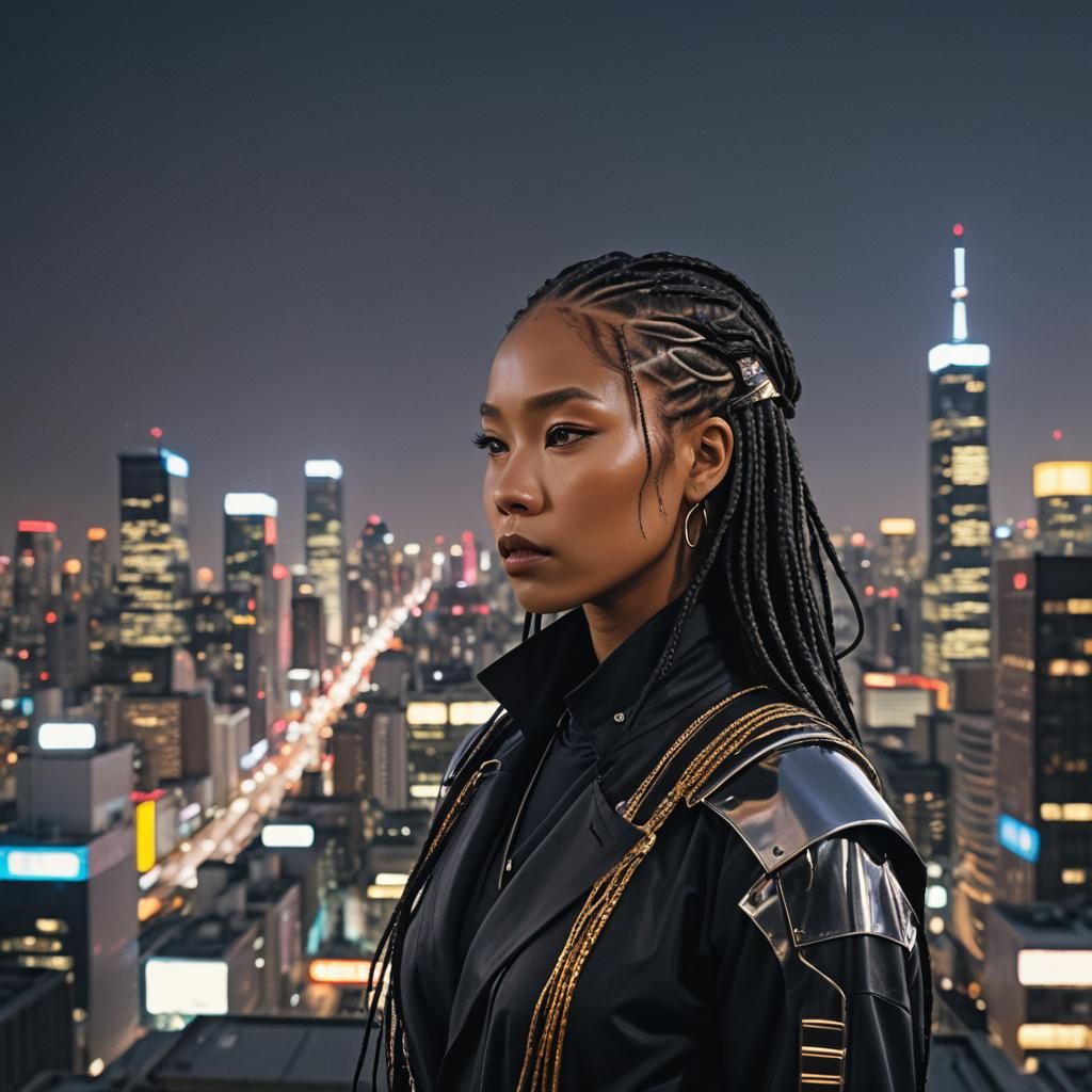 Cyborg Ninja with Box Braids in Cyberpunk Cityscape