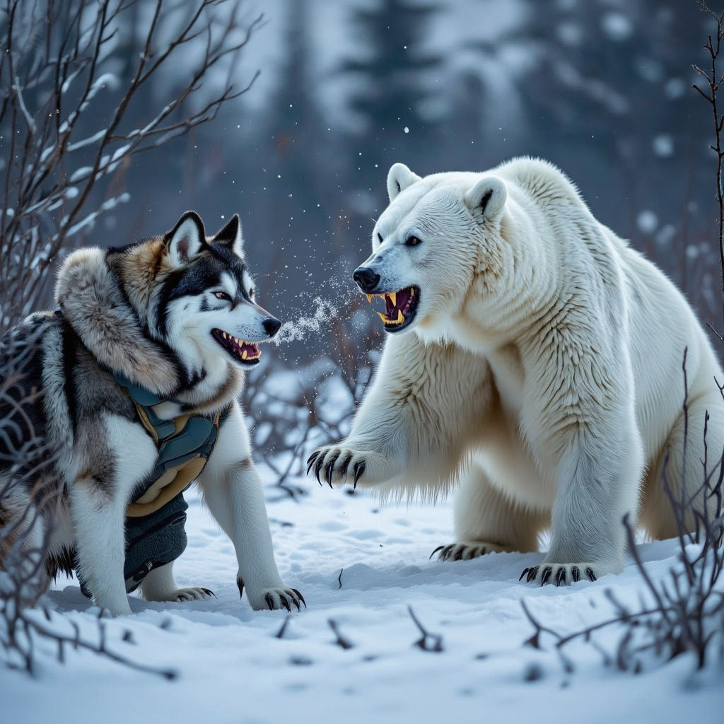 Siberian Husky Confronts Grizzly in Snowy Desert