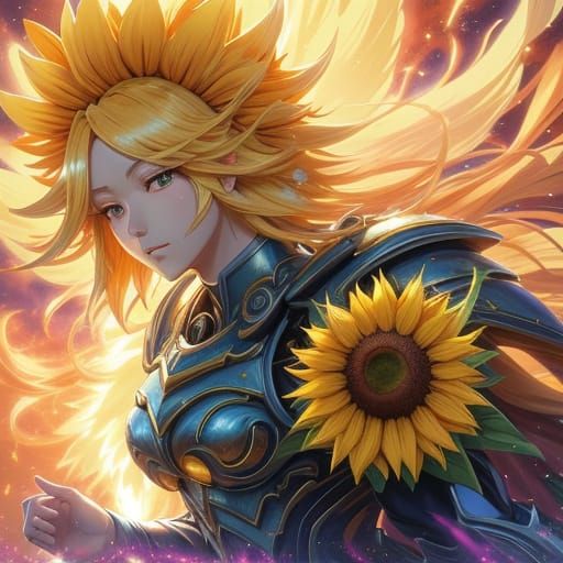 Armored Sunflower Goddess in Anime Style