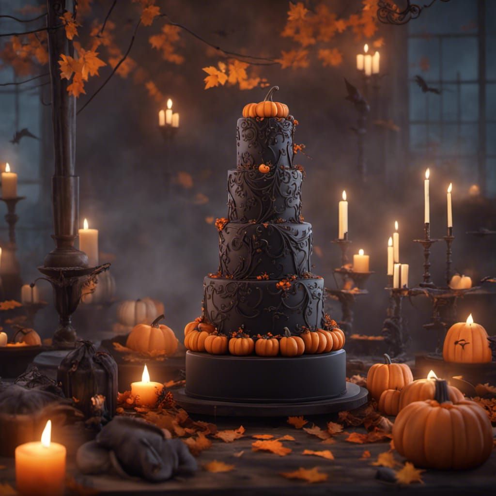 Elegant Halloween Wedding Cake  wth, tiny pumpkin and bat decorations, Intricate design, beautiful cake.