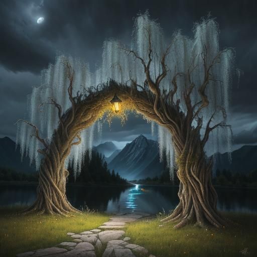 Dramatic Moonlit Weeping Willow Tree Landscape