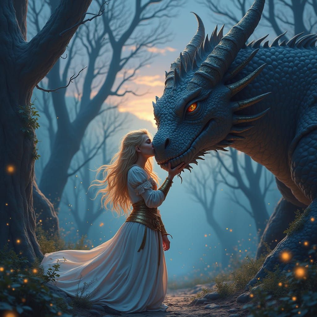 Majestic Dragon and Blonde Warrior in Ancient Forest