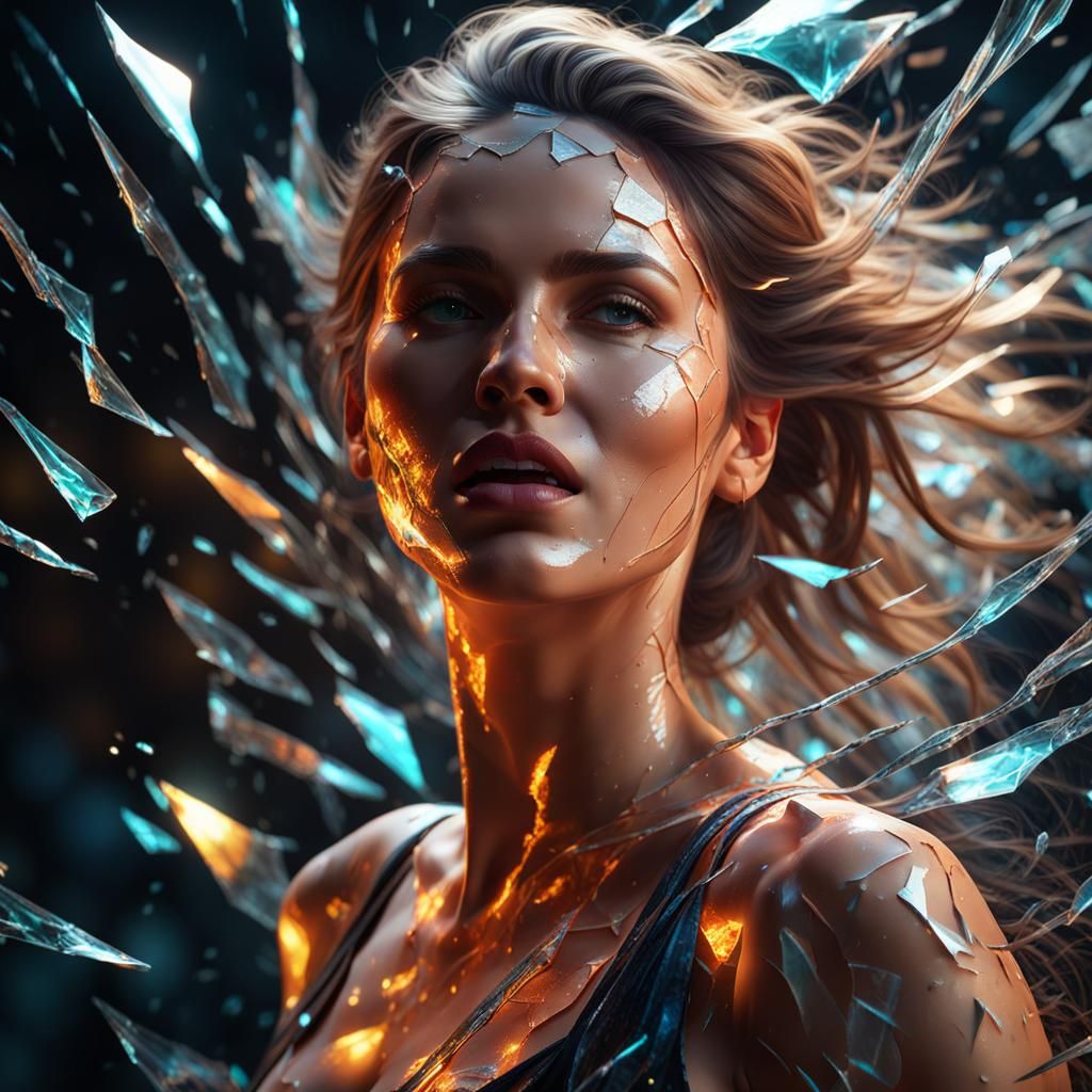 Shattered Beauty: Hyperrealistic Glowing Woman in Darkness