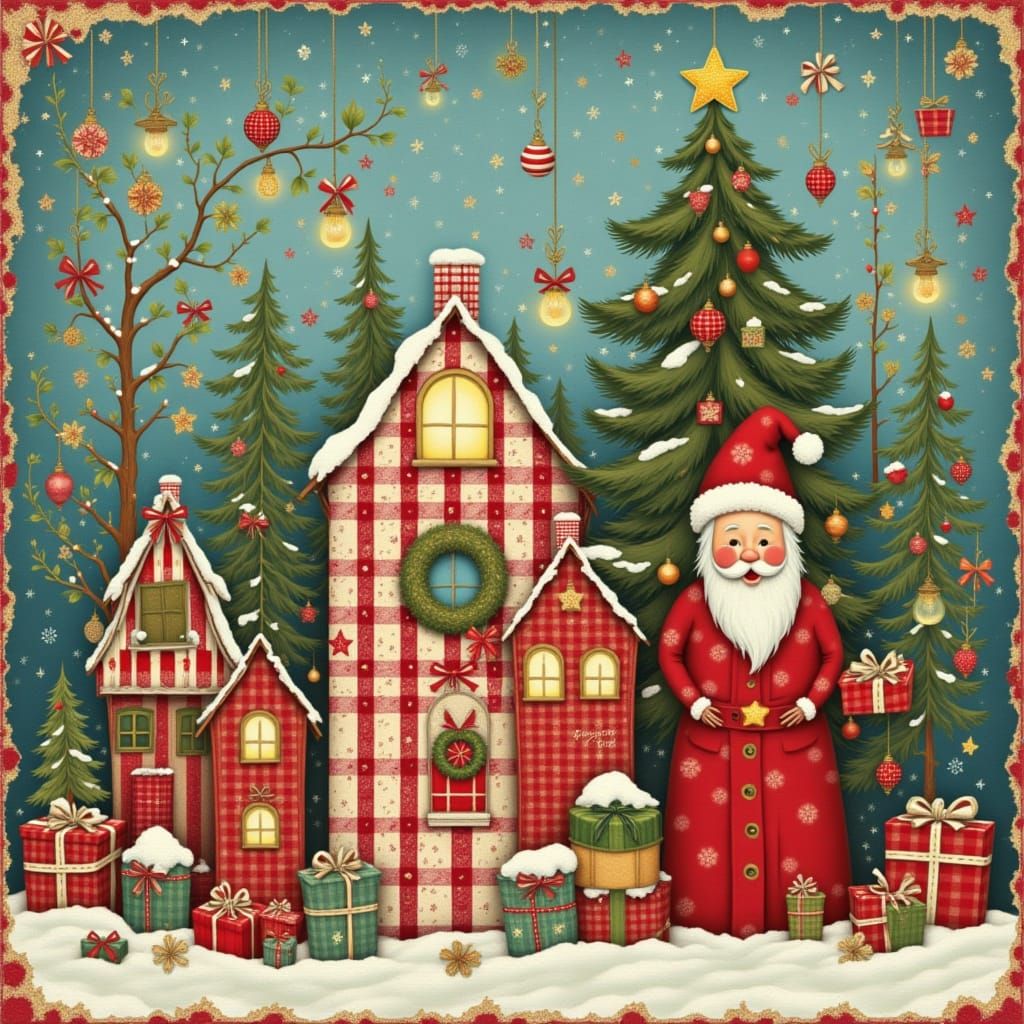 Whimsical Folk Art Christmas Collage with Santa