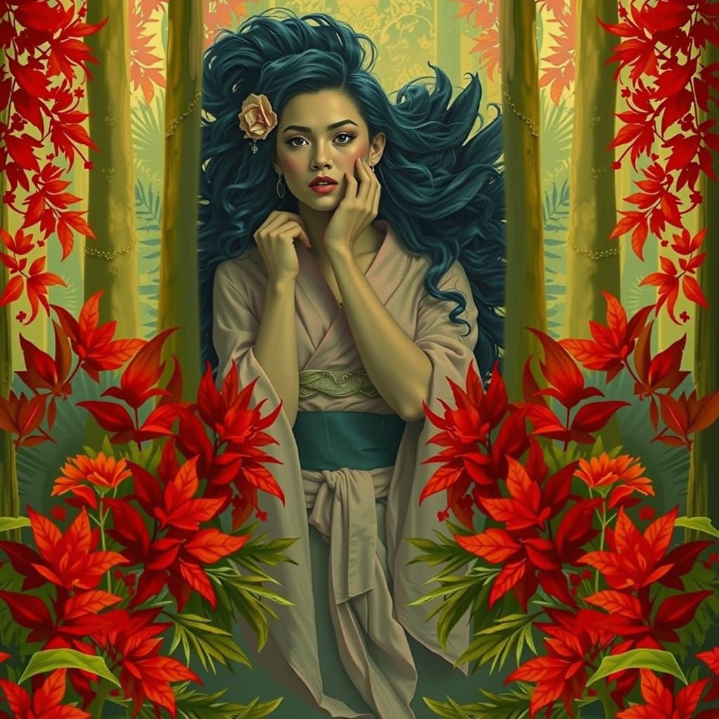 Woman in Kimono Emerging from Tropical Forest