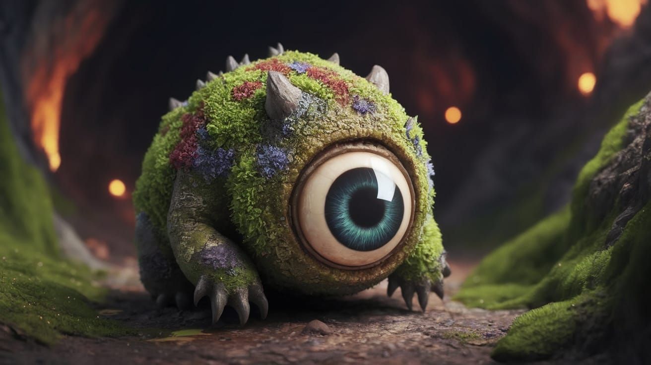 Surreal Dark Cave Monster in Vibrant Mossy Texture