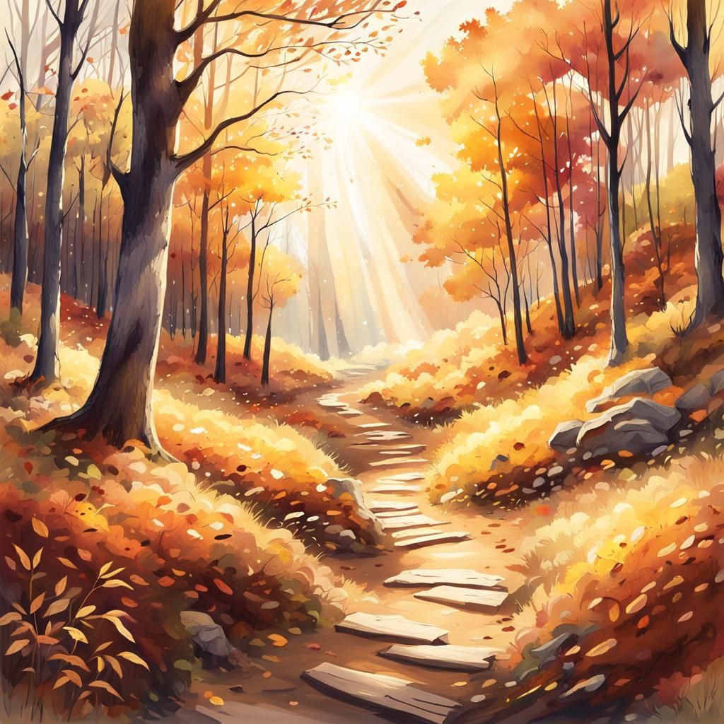 Autumn Forest Path with Sunlight in Watercolor Style