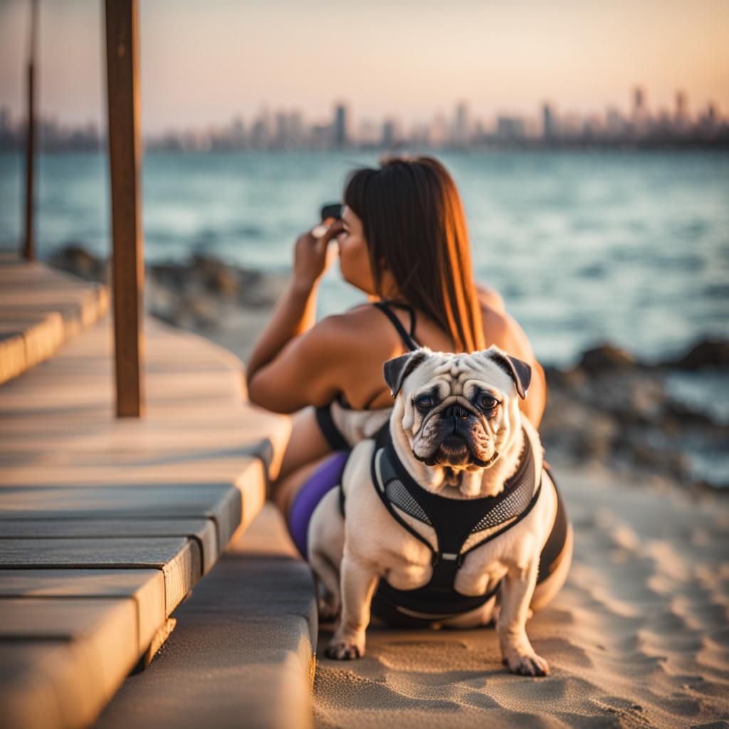 Plus-Size Woman with Dog in Bikini, Professional Photography