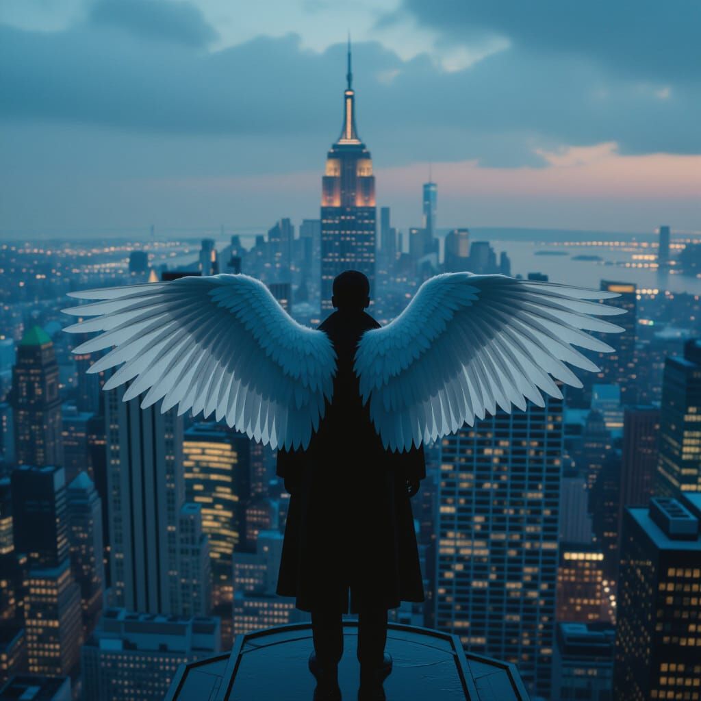 Angel on Skyscraper Edge in Cinematic Style