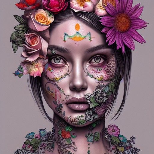 Tattooed Flower Mother: Hyperrealistic Pop Art Portrait