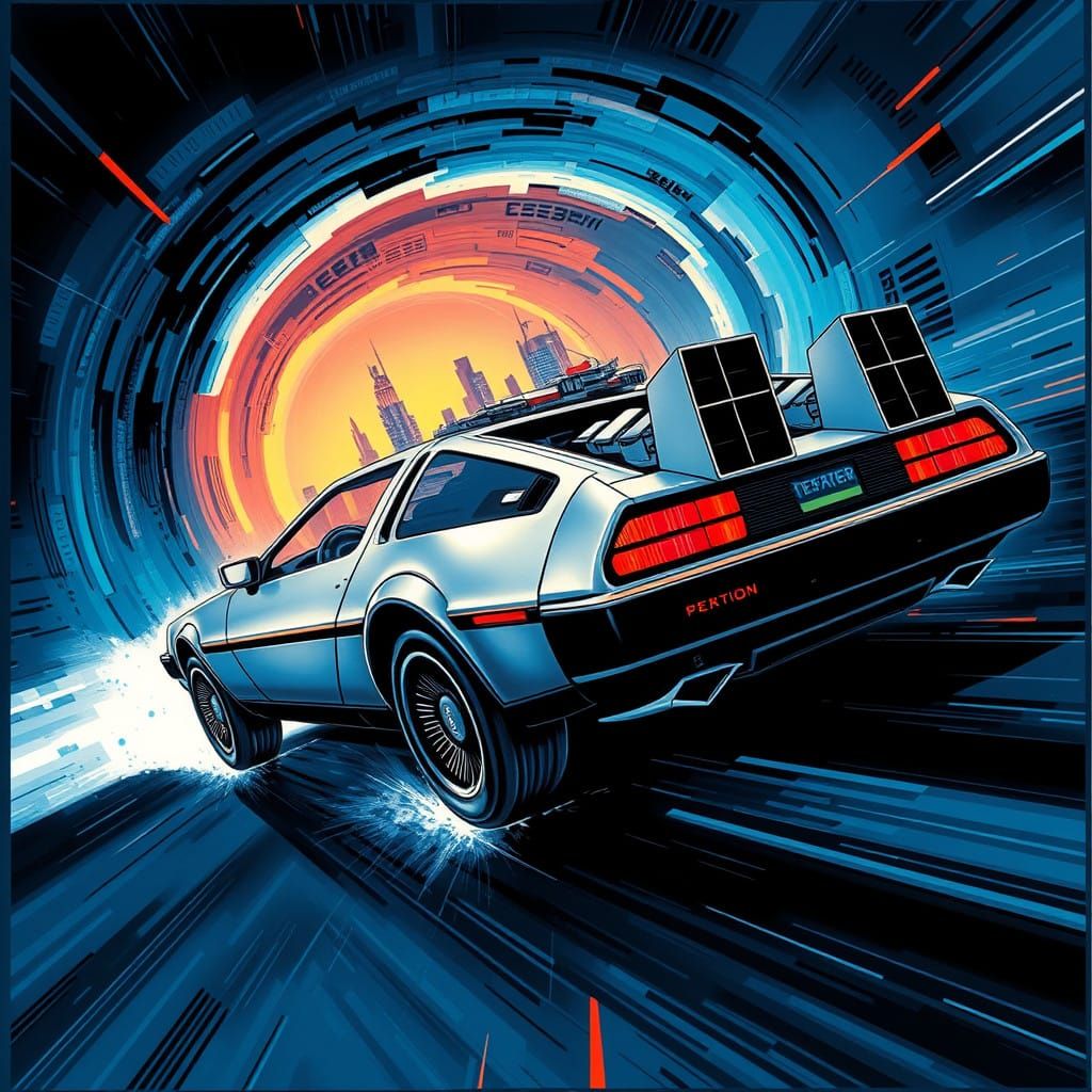 Sleek DeLorean Speeds Through Neon Wormhole in Retro-Futuris...
