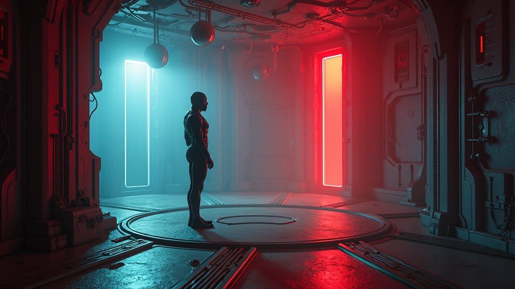 Cyberpunk Humanoid in a Dystopian Chamber