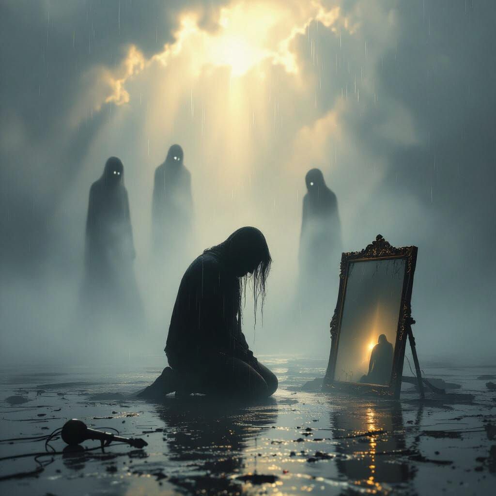 Lone Figure Kneels in Rain, Hope Breaking Through