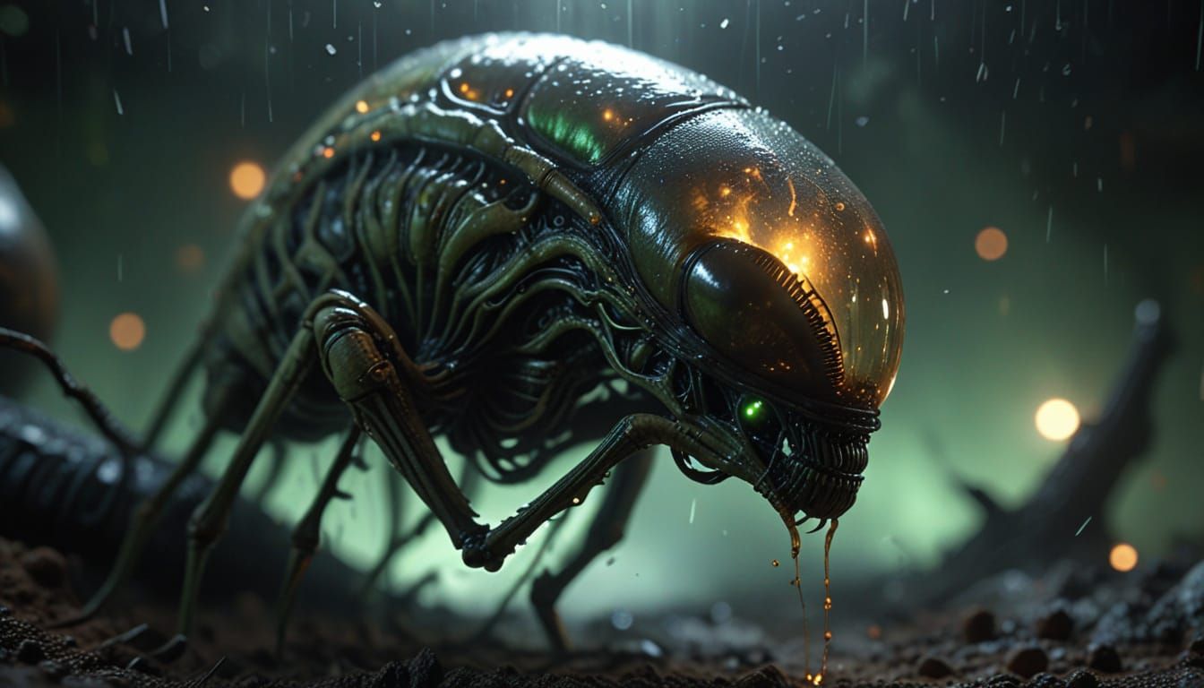 Ethereal Alien Cocoon Illuminated by Amber and Green Light