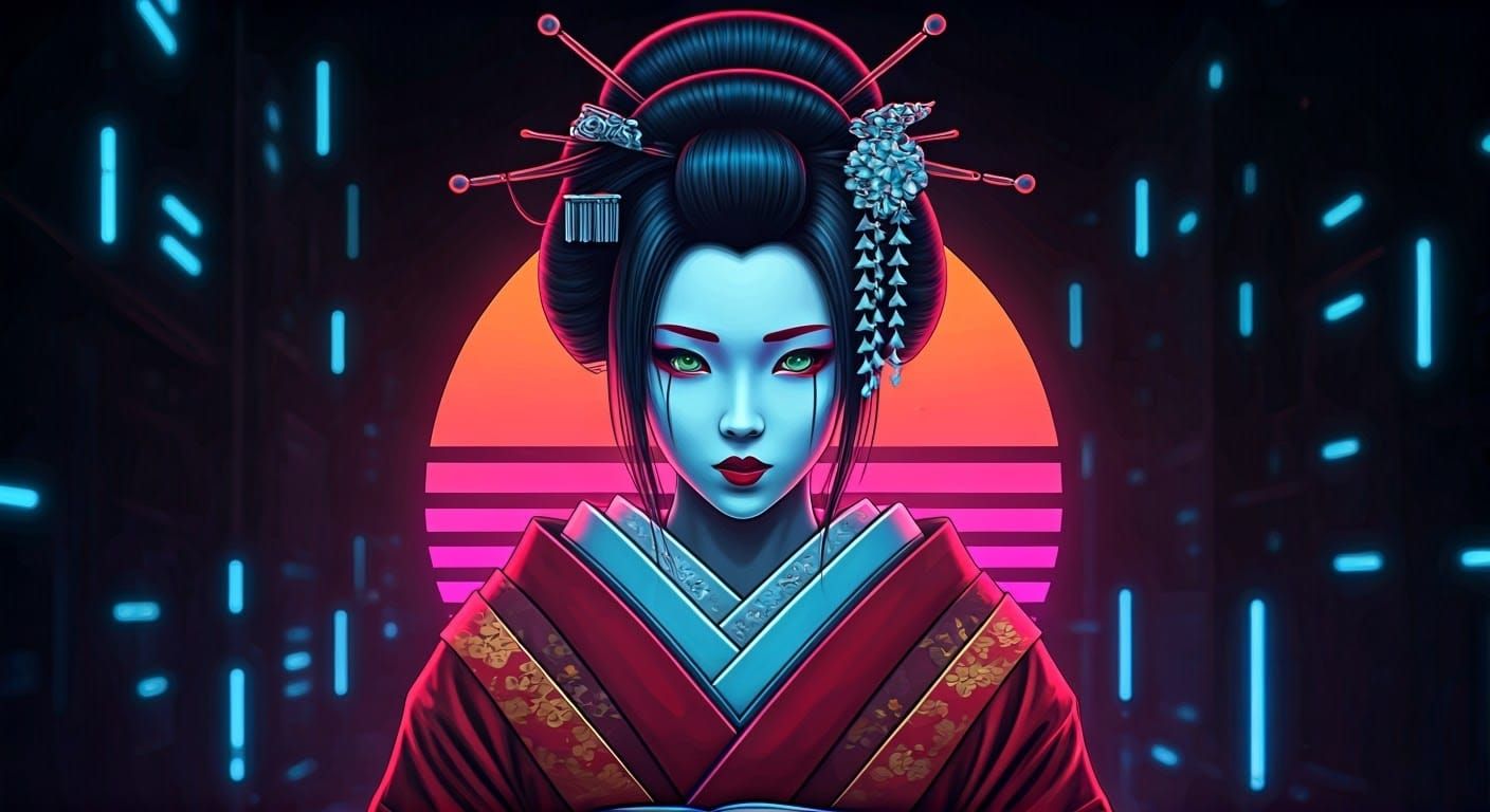 Geisha in Cyberpunk Neon Dreamscape