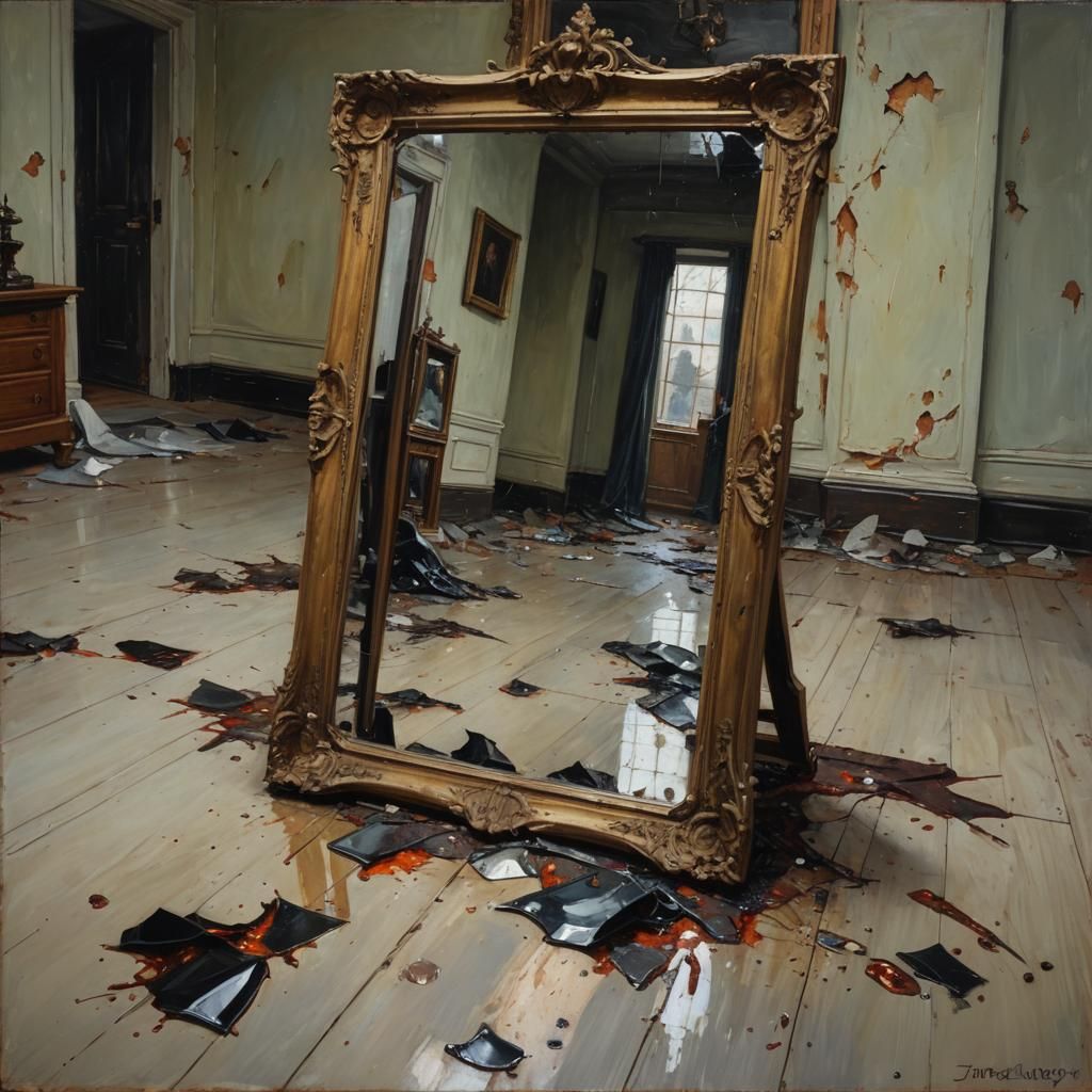 Cursed Mirror Shattered: A Dramatic Oil Painting