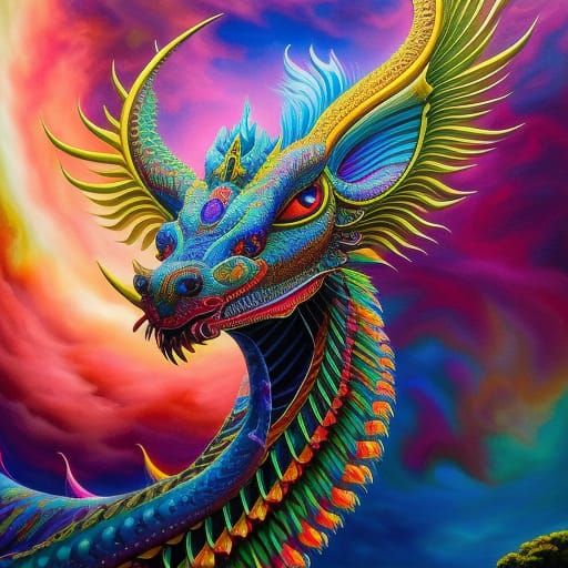 Psychedelic Cosmic Dragon Portrait in Vibrant 3D
