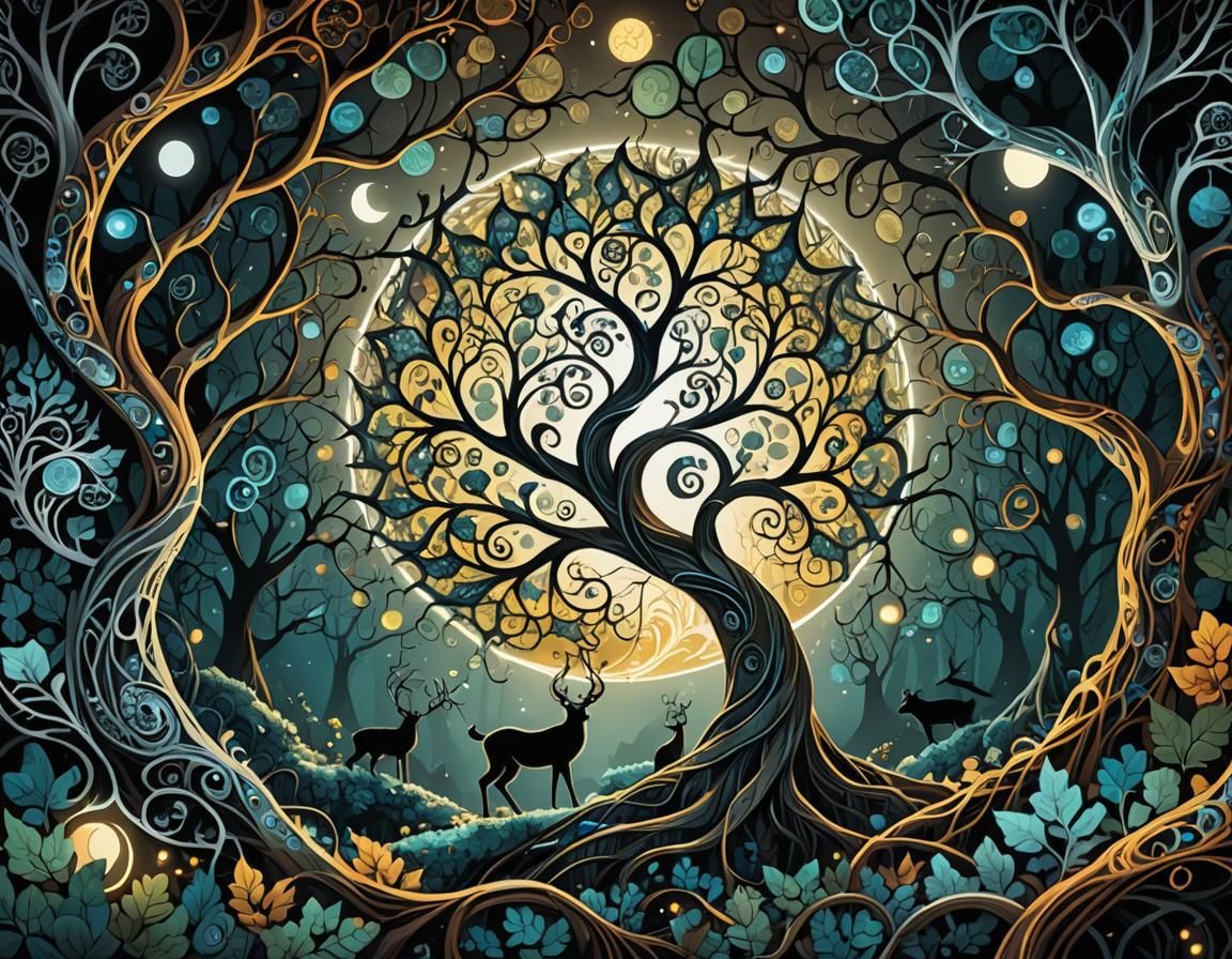 Mystical Forest Animals Gather in Fractal Art
