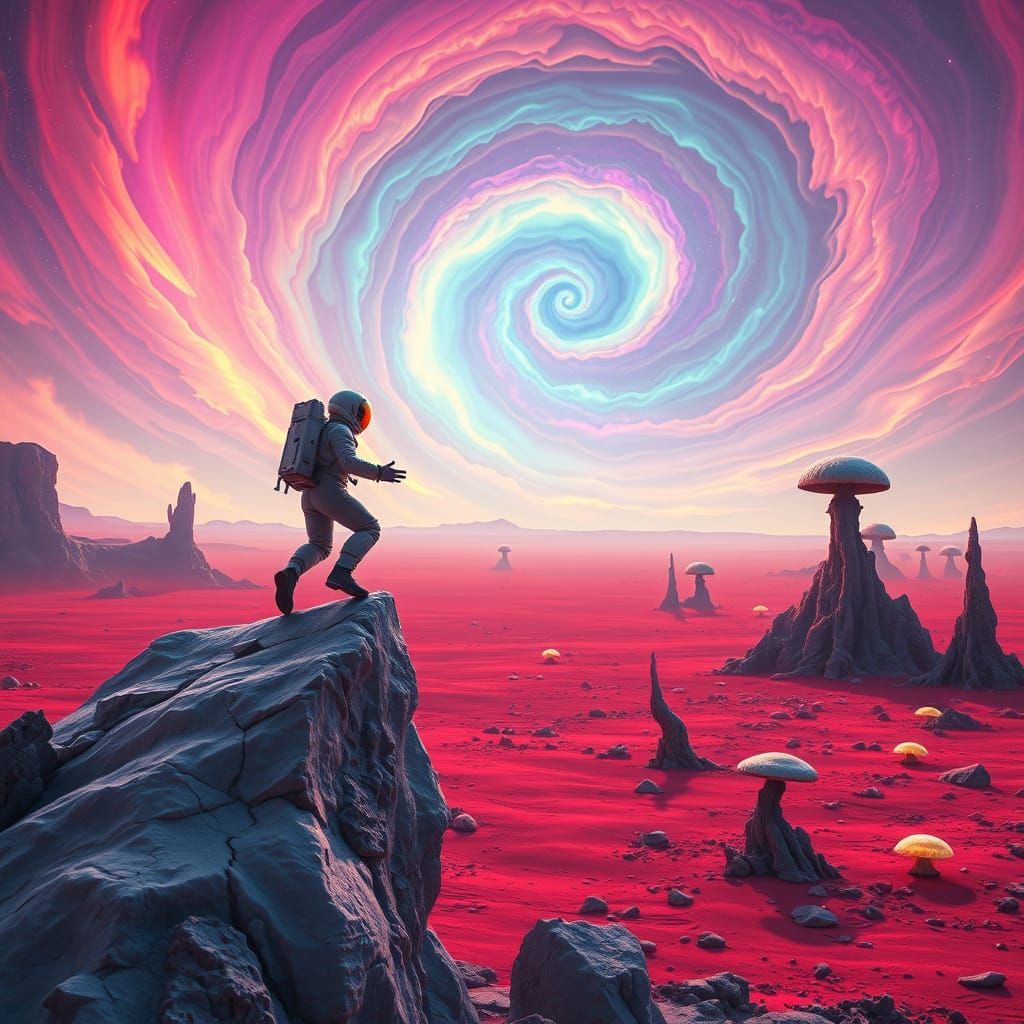 Astronaut Jumps Off Cosmic Egg-Shelf Amidst Psychedelic Vort...
