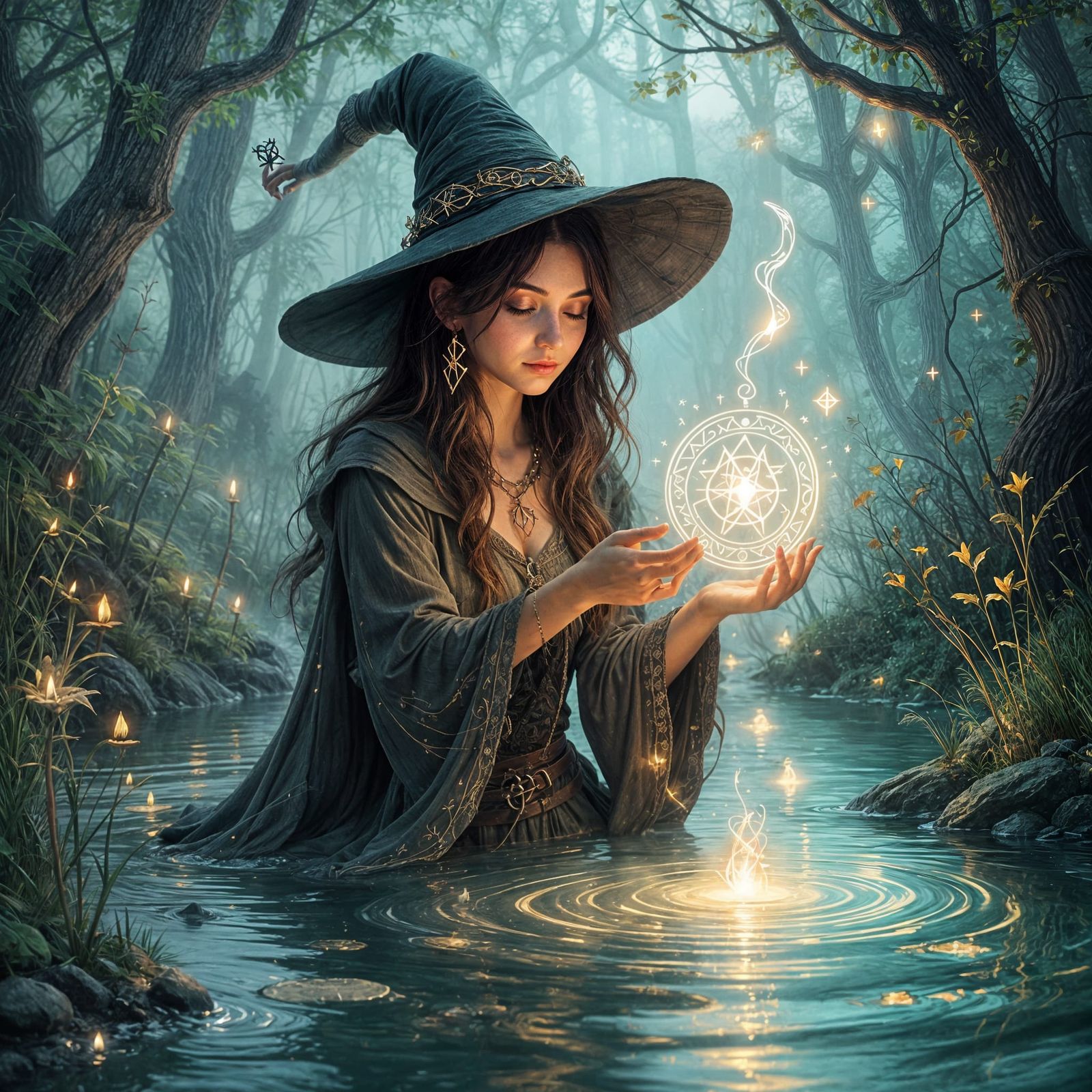 Cute Witch Draws Runes in Fantasy Art
