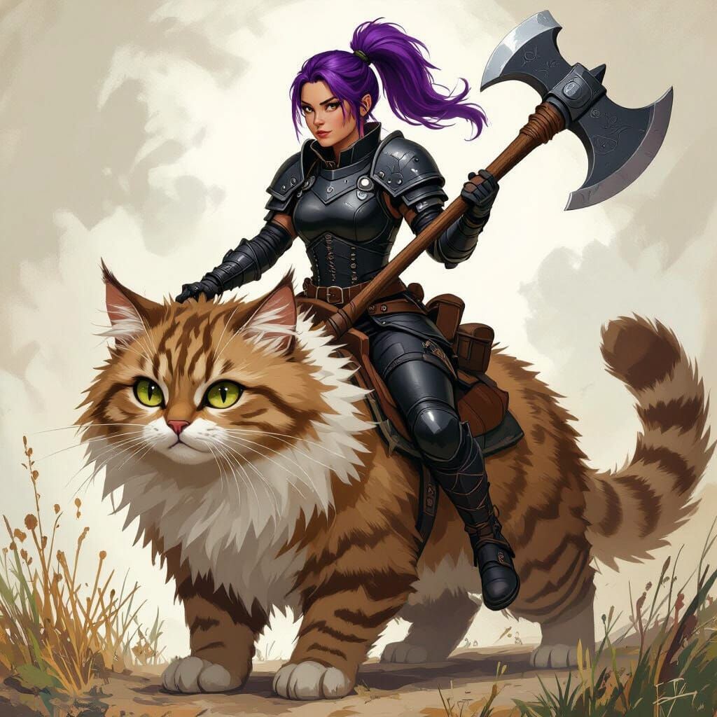 Earth Mage Rides Giant Cat in Whimsical Style