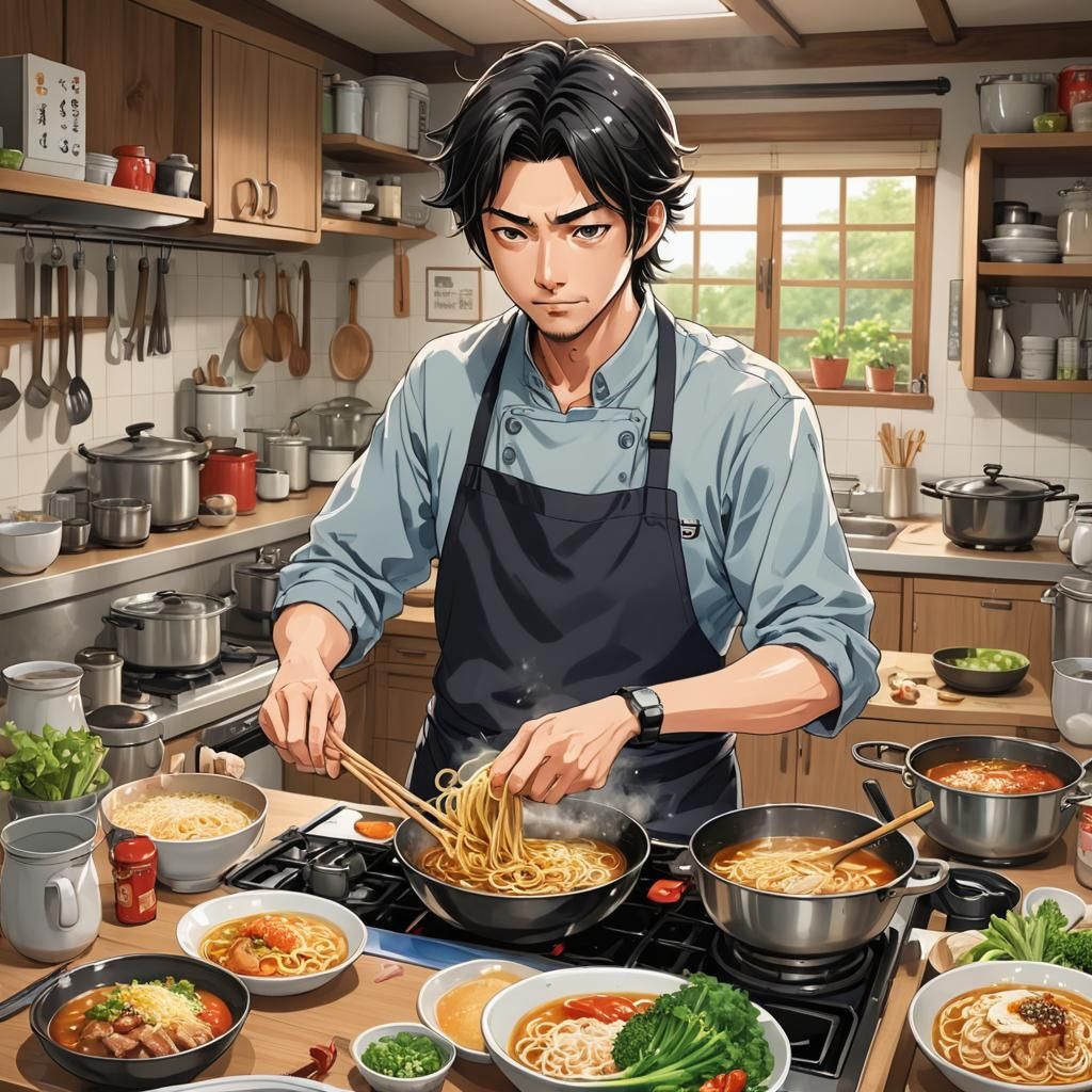 Humorous Anime-Style Japanese House Husband Cooking Ramen