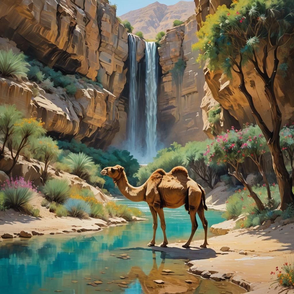 Ein Gedi Oasis: Impressionistic Desert Waterfall Painting