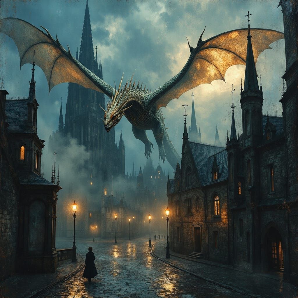 Majestic Dragon Soars Over Twilight Gothic Cityscape