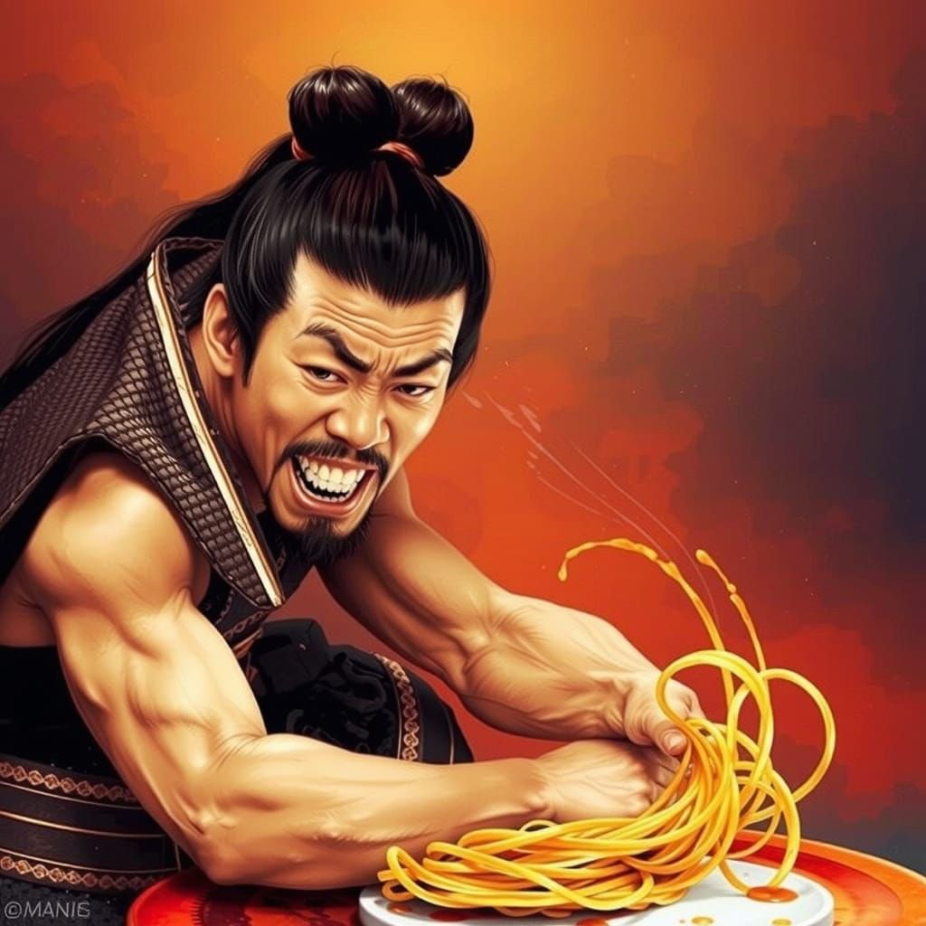 Samurai Eating Spaghetti in Hyperrealistic Style