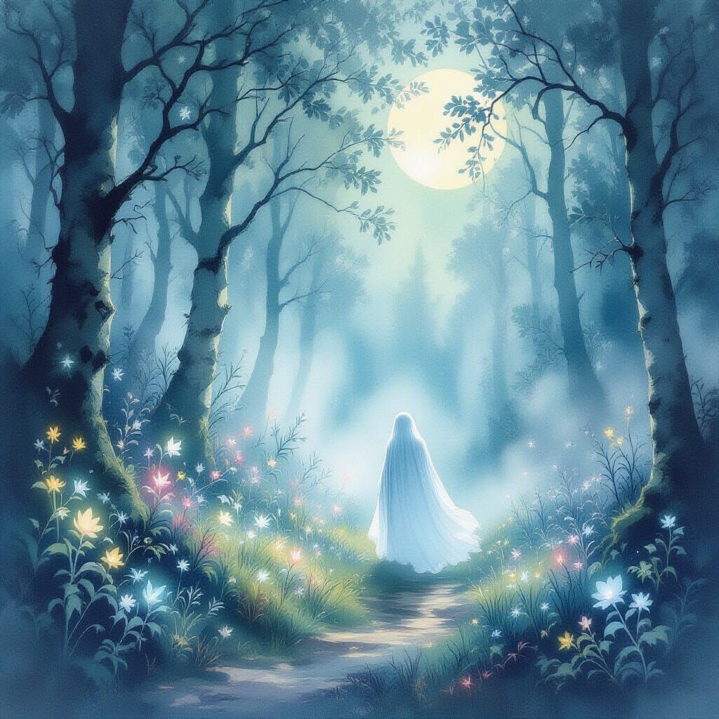 Ethereal Ghost in Moonlit Forest Watercolor Painting