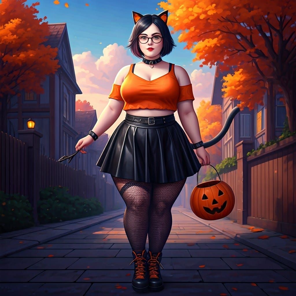 Curvy Goth Girl with Cat Ears in Hyperrealistic Style