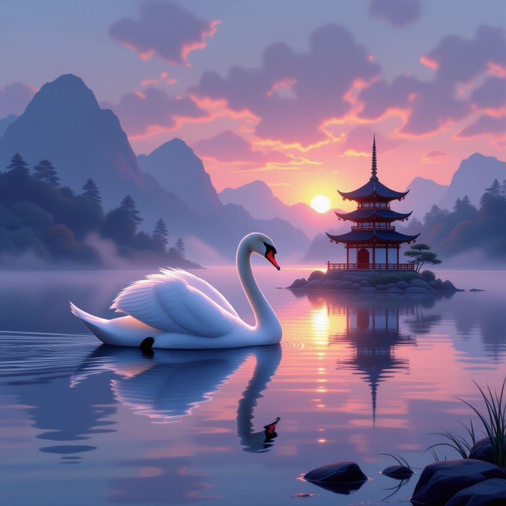 Swan and Pagoda on Misty Lake: Dreamy Romantic Landscape