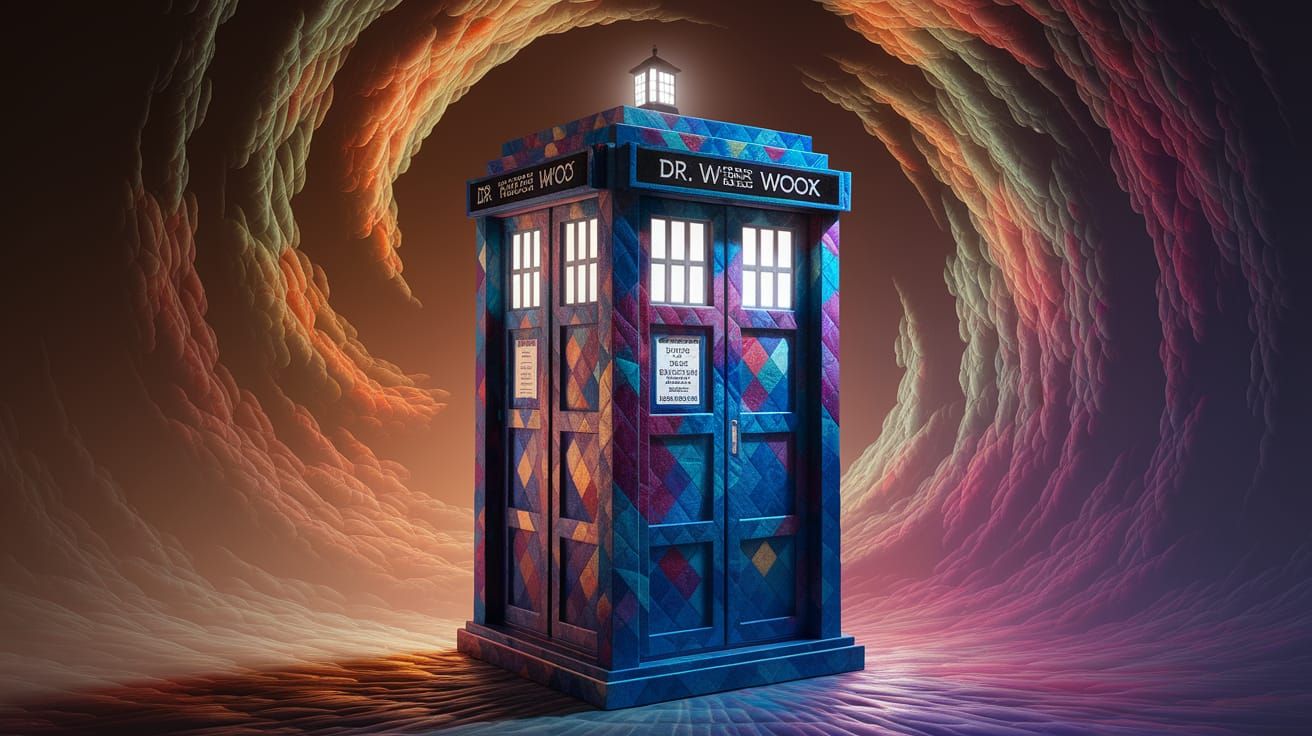 Surreal Quilted TARDIS Radiates Warmth in Swirling Time Vort...