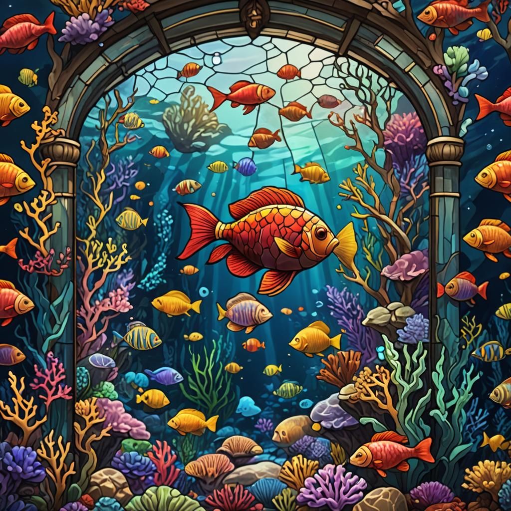 Underwater Scene in Stained Glass Style