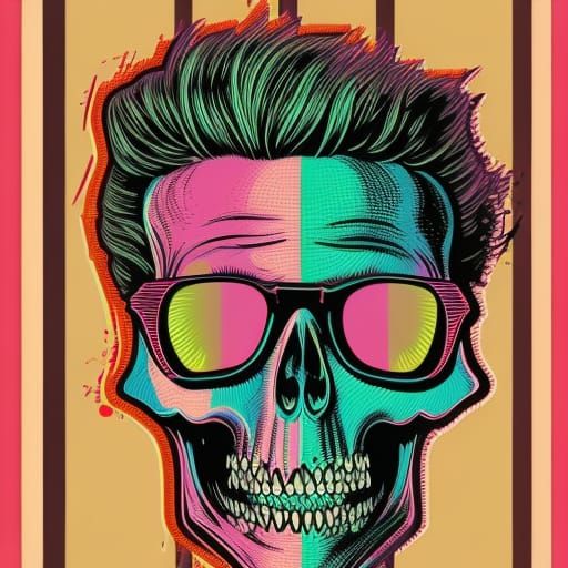 RGB Skeleton Portrait in 1970s Vector Art Style