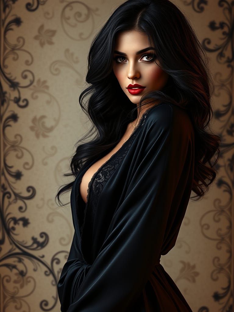 Elegant Woman in Black Robe with Dramatic Lighting
