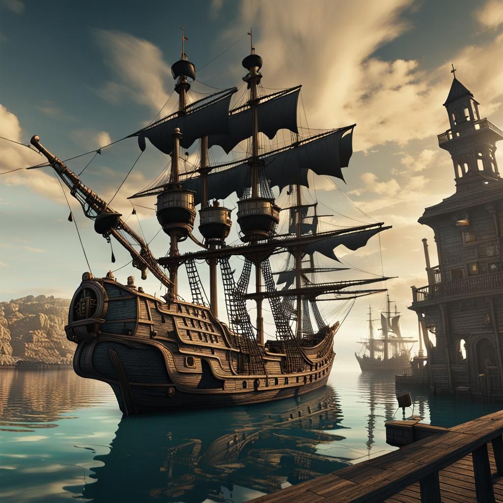 Surreal Pirate Ship Optical Illusion in Harbor