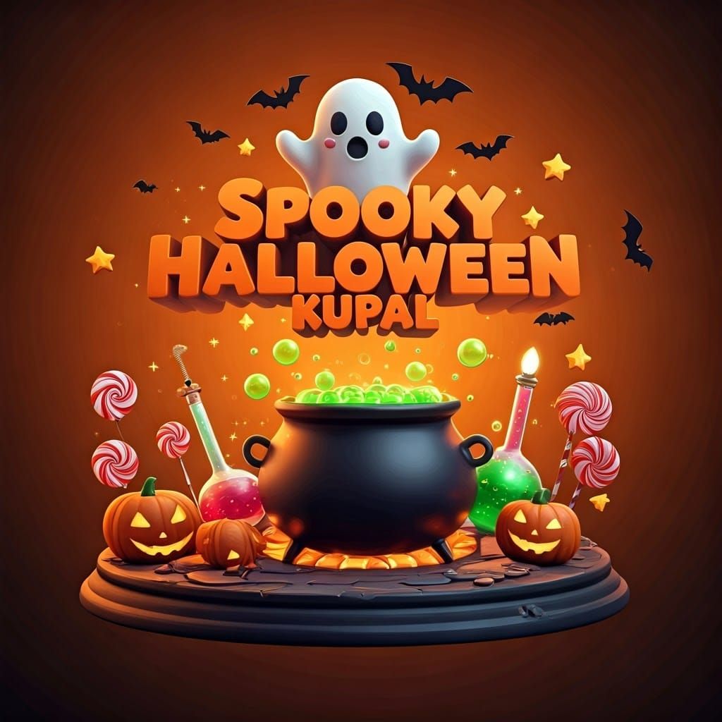 Whimsical 3D Halloween Typography with Ghost and Cauldron