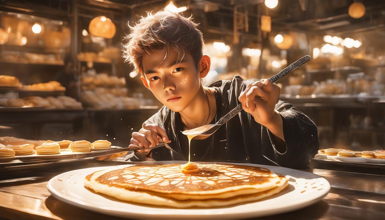 Boy with Pancake Weapons in Photorealistic Style