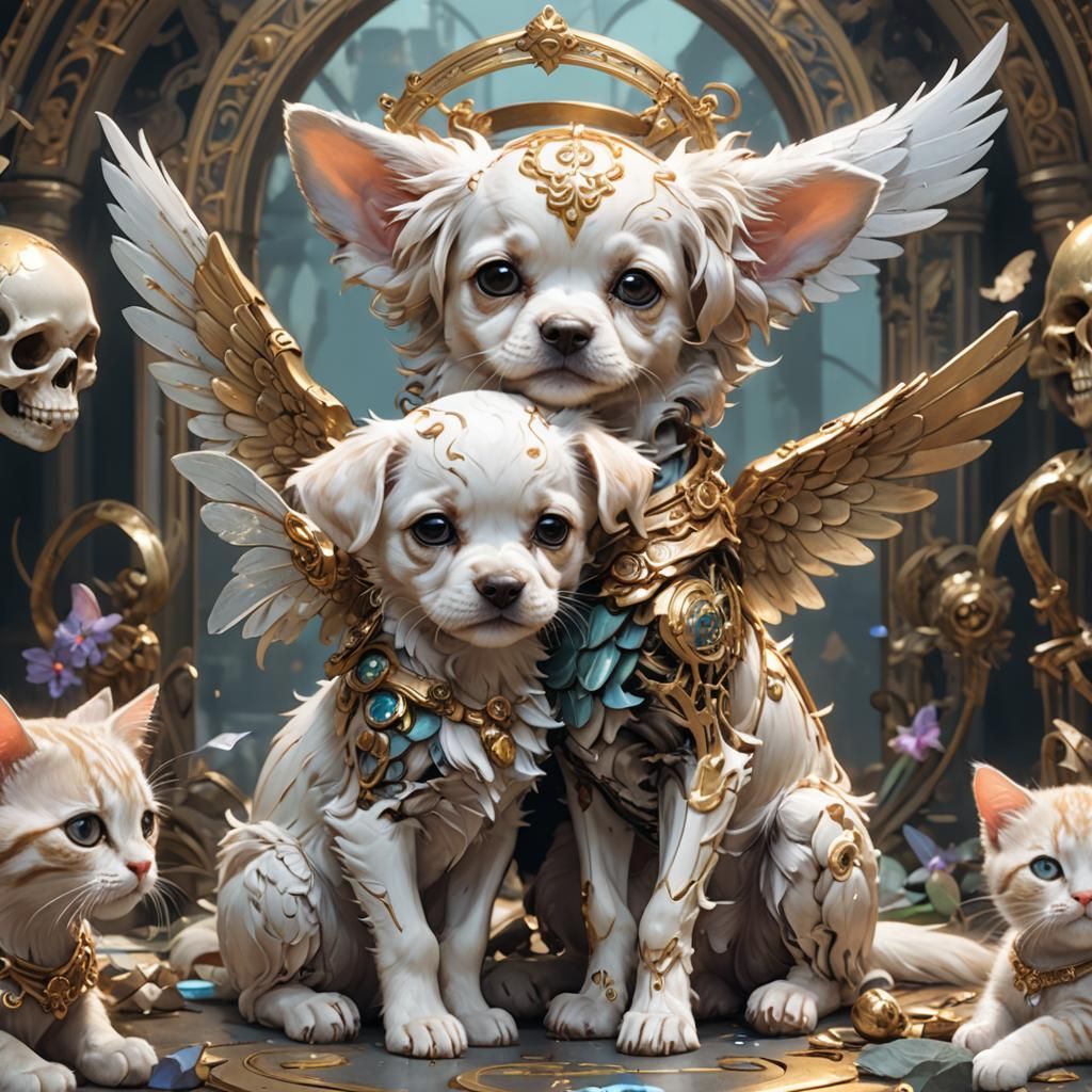 Angel Puppy and Kitten Skeletons: Hyperdetailed Concept Art
